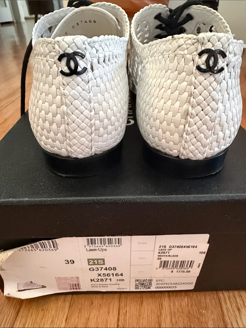 CHANEL White Woven Lace-Up Flats with Black Cap Toe